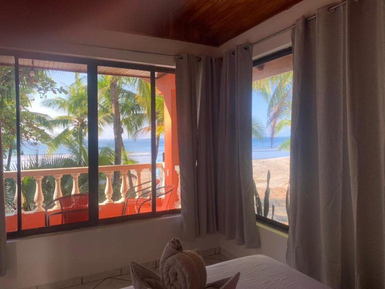 Habitación con vistas al mar y palmeras desde la ventana en Hotel Beach Front Bahia