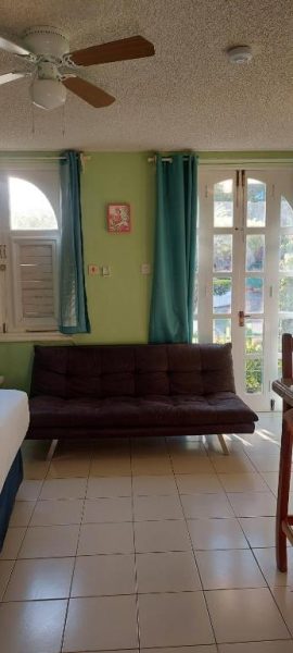 Sala de estar con sofá de cuero marrón y cortinas turquesas en Beach Studio 9