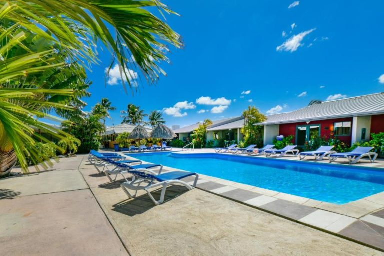 Piscina exterior con tumbonas azules y palmeras del Aruba Blue Village Hotel and Apartments