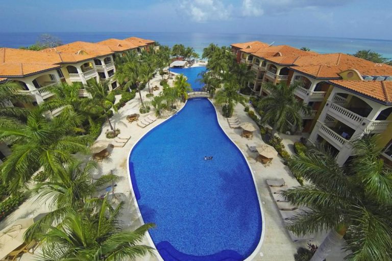 Vista aérea de la piscina infinita rodeada de palmeras en Infinity Bay Spa & Beach Resort