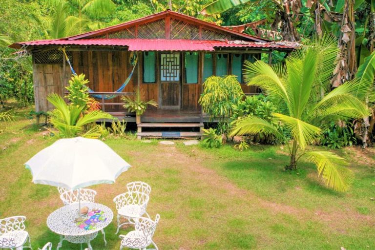 Cabaña de madera con jardín tropical y hamaca en Ocean Forest Ecolodge rodeada de palmeras