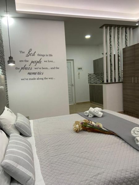 Habitación doble moderna con cama king y cocina integrada en Daphne Studios