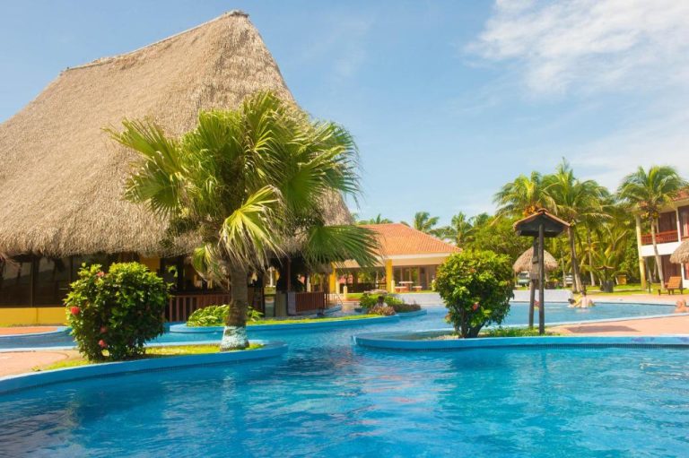 Piscina exterior con palmeras y palapa tropical del Nandel Beach Resort en ambiente caribeño