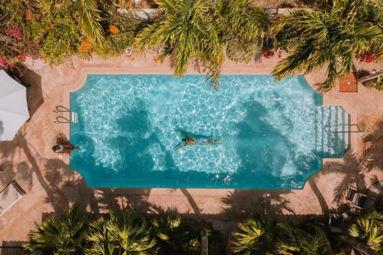Vista aérea de la piscina exterior del Paradera Park Aruba rodeada de palmeras tropicales
