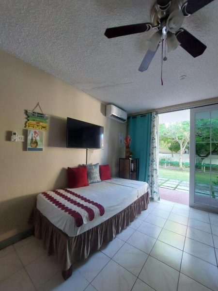 Habitación doble con cama, TV y acceso a terraza con jardín en ROSI Ocean Sand Hotel Apt Sandcastles