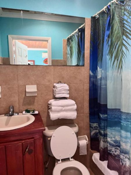 Baño completo con cortina de ducha tropical y toallas blancas en Bay Inn Estates