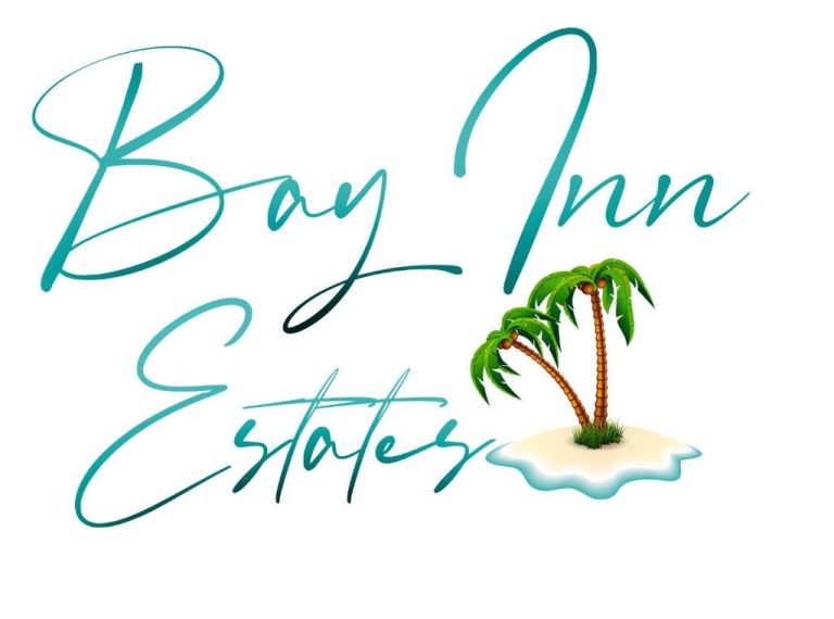 Logo oficial de Bay Inn Estates con palmeras tropicales sobre una isla de arena y agua turquesa