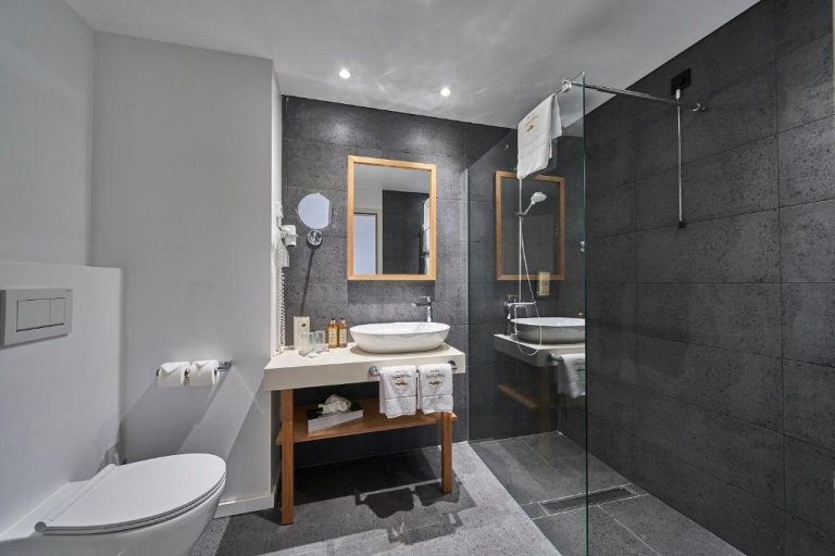 Baño moderno con ducha acristalada y lavabo sobre encimera en Hotel Quinta Do Furao