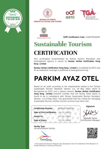 Certificado de Turismo Sostenible GSTC del Parkim Ayaz Hotel emitido por Bureau Veritas en 2023