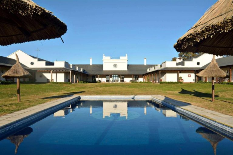 Piscina exterior rectangular con jardín y sombrillas de paja del Hotel Santa Cristina