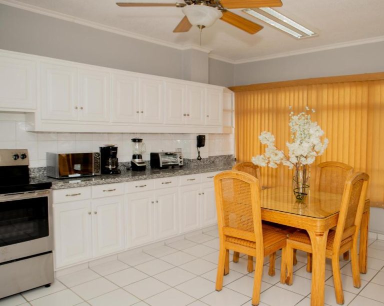 Cocina y comedor equipados con electrodomésticos y mesa de madera en Aparthotel Guijarros