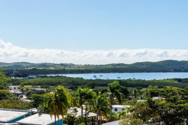 Vista panorámica de la bahía con veleros y palmeras tropicales desde West Coast Apartments