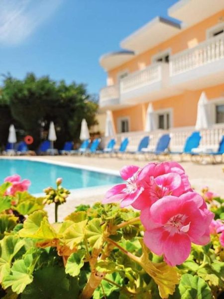 Piscina exterior con tumbonas azules y flores rosas en Daphne Studios, rodeada de jardín mediterráneo