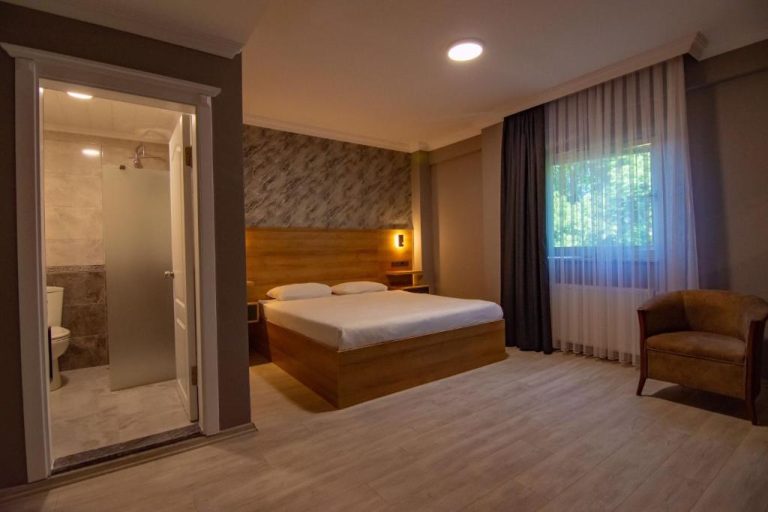 Habitación doble con cama matrimonial y baño privado con ducha en Green Palace Suite Hotel
