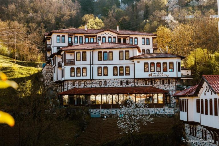 Vista exterior del Spa Complex Aleksandar con arquitectura tradicional balcánica rodeada de naturaleza