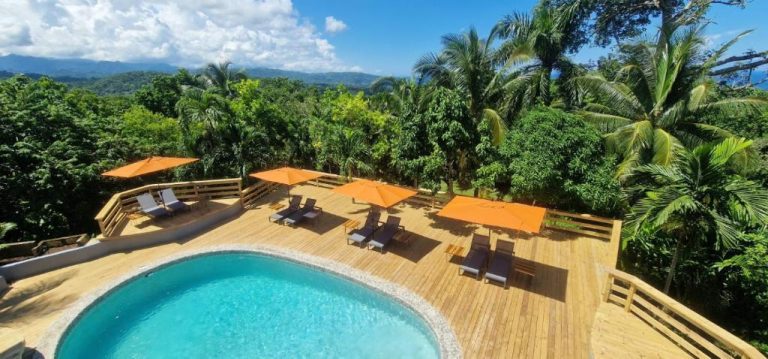 Piscina exterior con terraza de madera y tumbonas rodeada de vegetación tropical en LF Jungle Retreat