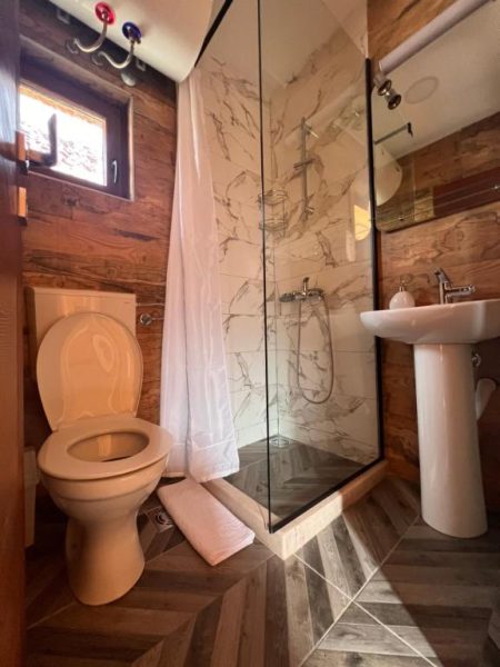 Baño rústico con ducha de cristal y paredes de madera del Etno Selo Tačevine