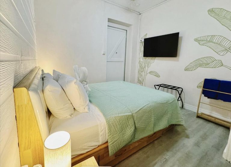Habitación doble con cama queen, TV de pared y decoración tropical en Eden On the Sea