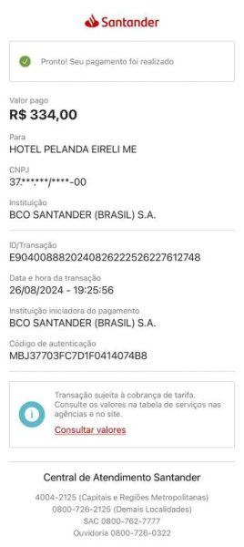 Comprobante de pago exitoso al Hotel Pelanda EIRELI ME por R$334 mediante Banco Santander Brasil