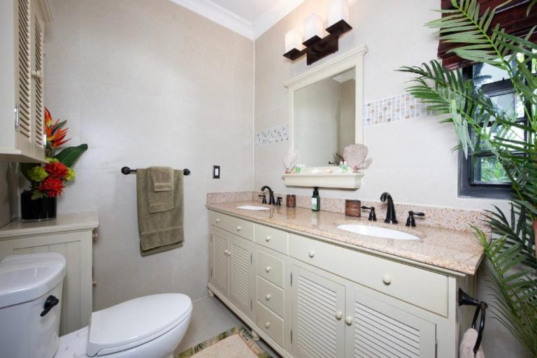 Baño con doble lavabo y encimera de granito en The Pilot House, decorado con plantas tropicales