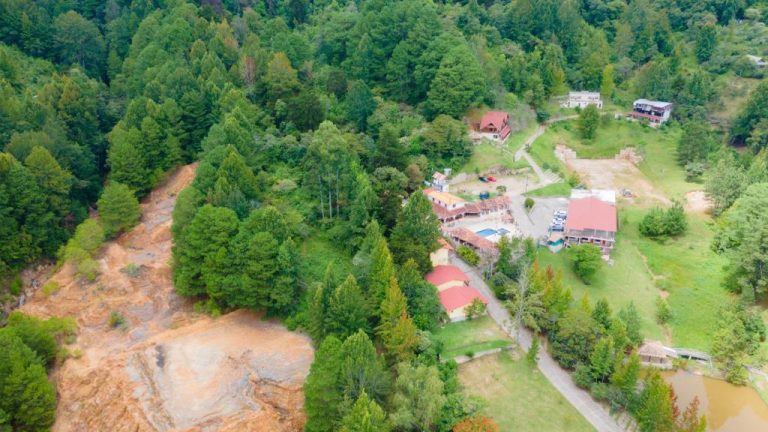 Vista aérea del Hotel y Cabañas ROS rodeado de bosque nativo con cabañas y áreas verdes
