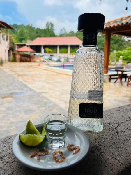 Shot de tequila 1800 Cristalino con limones y sal junto a la piscina del Hotel y Cabañas ROS