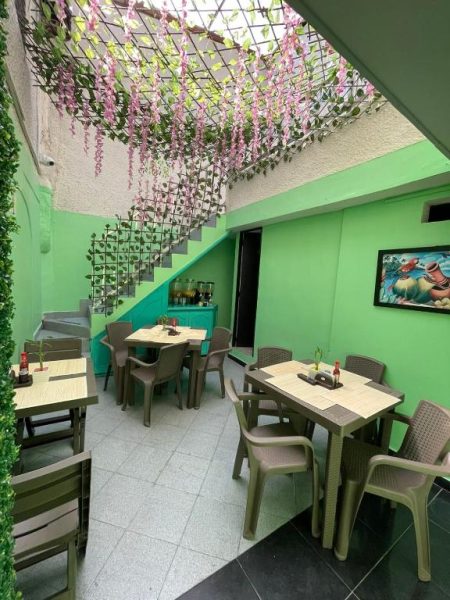 Restaurante interior con decoración floral y paredes verdes del Hotel San Pablo Boutique H9