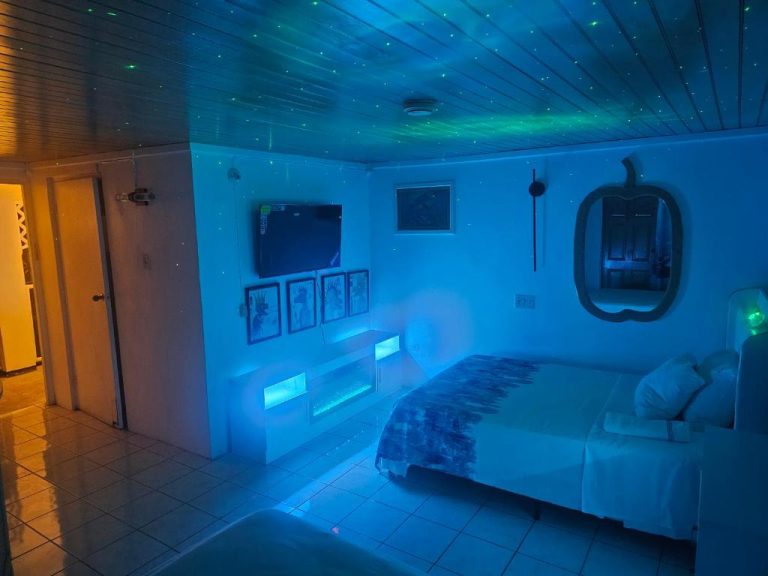 Habitación temática con iluminación LED azul y proyector de estrellas en el Big Apple Hotel