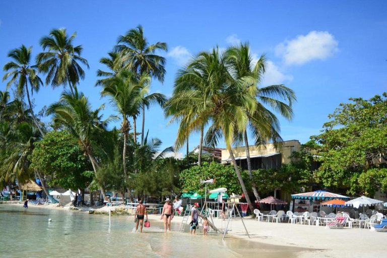 Playa del Hotel Hannabi con palmeras tropicales, sombrillas y turistas disfrutando del mar Caribe