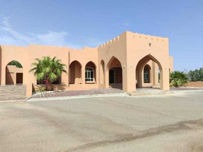 Fachada exterior de estilo árabe con arcos del Oasis Majan Hotel, rodeada de palmeras