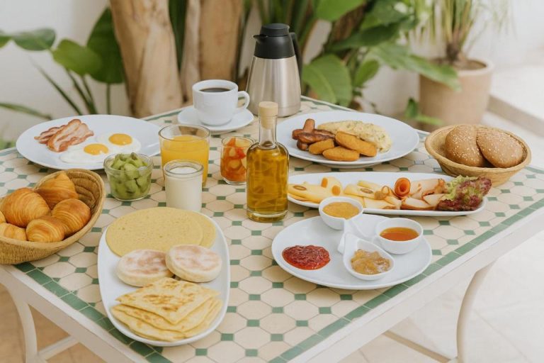 Completo desayuno buffet con croissants, huevos, embutidos y zumos en Les Jardins De La Médina