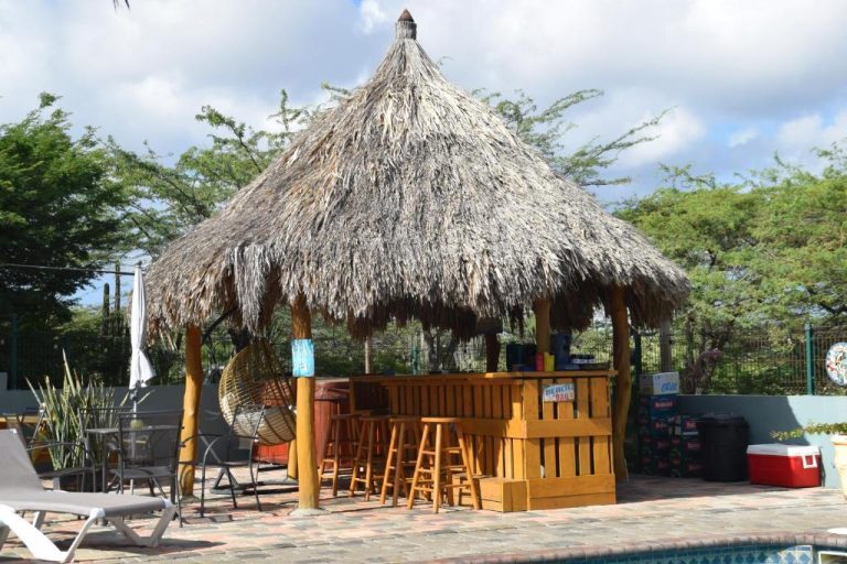Beach bar con palapa de paja y taburetes de madera junto a la piscina del hotel La Felicidad Aruba