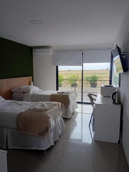 Habitación doble con dos camas y vista panorámica al campo en PLC Hotel Centenario
