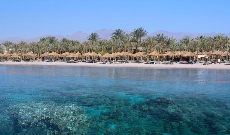 Playa privada con arrecife de coral cristalino y sombrillas de paja en Jaz Sharm Dream Vacation Club