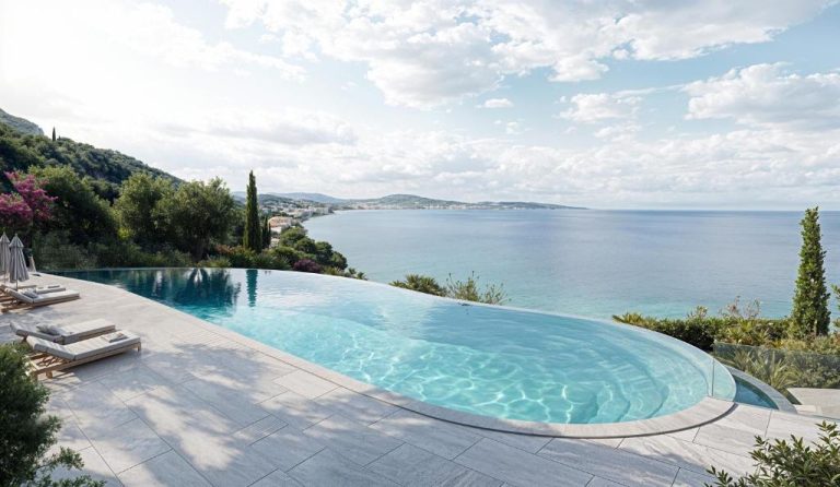 Piscina infinita con vistas al mar Jónico en el Ionian Hill Hotel rodeada de vegetación mediterránea