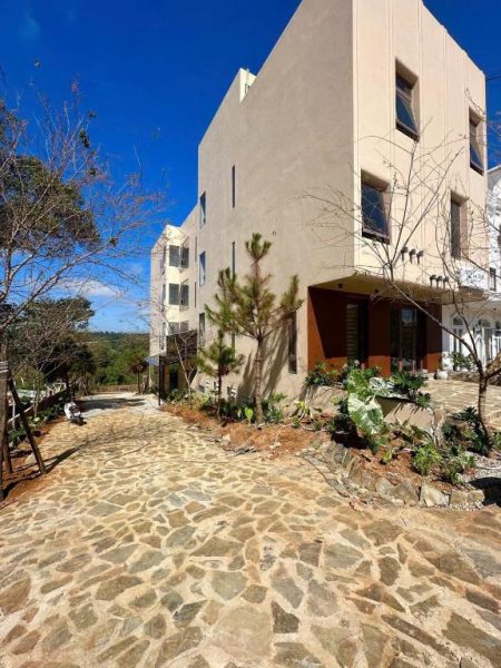 Fachada exterior del hotel Le VyN Mang Den con jardín tropical y camino de piedra bajo cielo azul