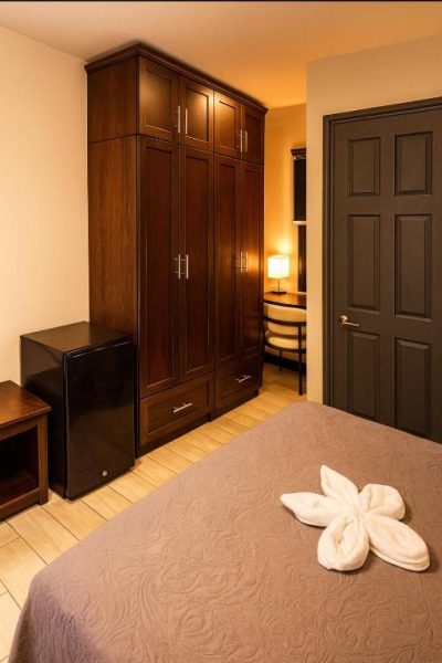 Habitación con armario de madera oscura y cama doble en Hotel Boutique 4 Estancias