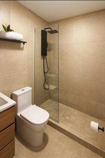 Baño moderno con ducha de cristal y griferías negras en Hotel Boutique 4 Estancias