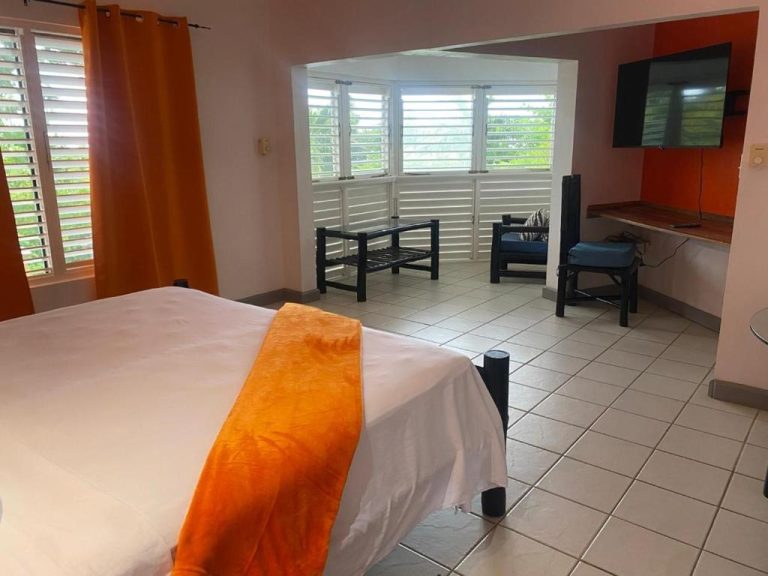 Habitación doble con zona de estar y televisión en LF Jungle Retreat rodeado de naturaleza tropical