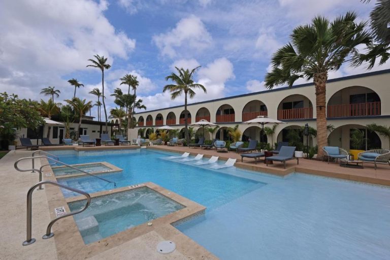 Piscina exterior con jacuzzi y tumbonas del voco Surfside Aruba by IHG rodeada de palmeras