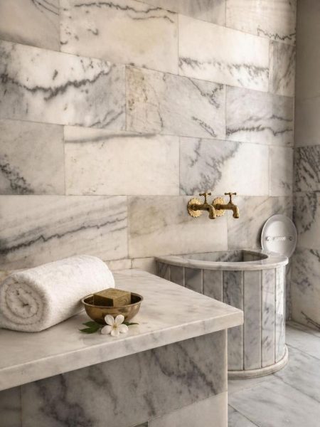 Hammam de mármol con grifería dorada y toallas en el spa de L'Adresse Boutique Hôtel Tanger