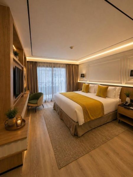 Habitación deluxe con cama king size y decoración en tonos dorados del L'Adresse Boutique Hotel Tanger