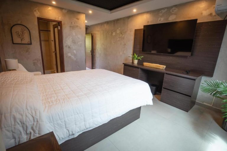 Habitación doble con cama king size y televisión de pantalla plana en Hotel Vista Alegre