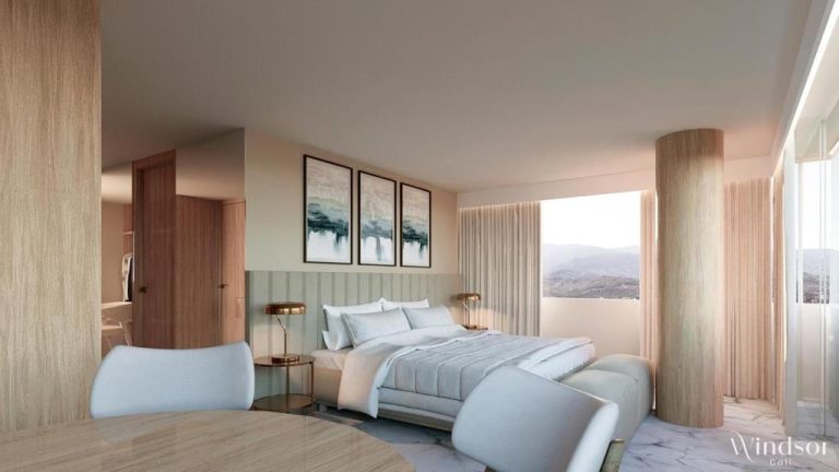 Habitación superior con cama doble, decoración moderna y vista a las montañas en Hotel Windsor Cali