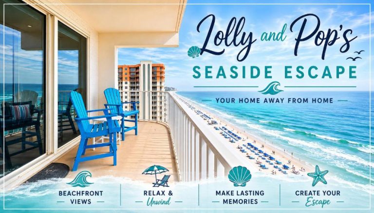 Balcón con sillas azules y vistas panorámicas a la playa en Lolly and Pop's Seaside Escape, Panama City Beach