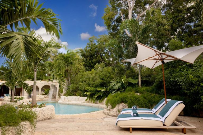 Piscina natural con hamacas y sombrilla junto a jardín tropical en Blue Monkey Hotel & Beach Club