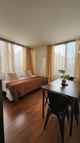 Habitación studio con cama doble y zona de comedor en Personal Aparts Bellas Artes
