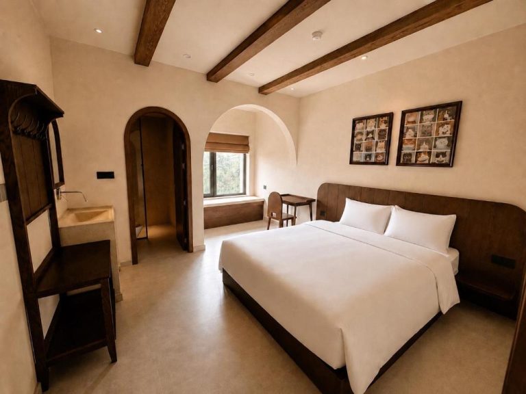 Habitación doble con vigas de madera y arco decorativo en Ống Khói Măng Đen Chimney Hotel