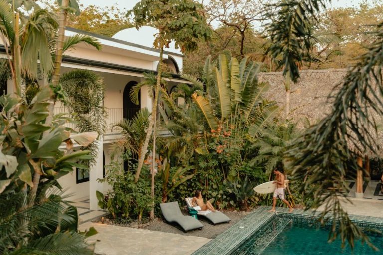 Piscina exterior rodeada de jardín tropical con tumbonas en Domo Nosara Boutique Hotel