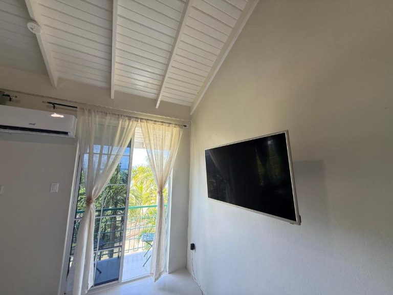 Habitación con televisor en pared y terraza con vistas a palmeras en Ninth River Ocho Rios
